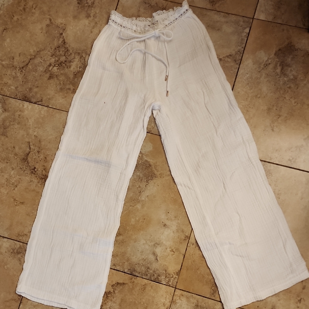 Lightweight White Drawstring Gauze Pants